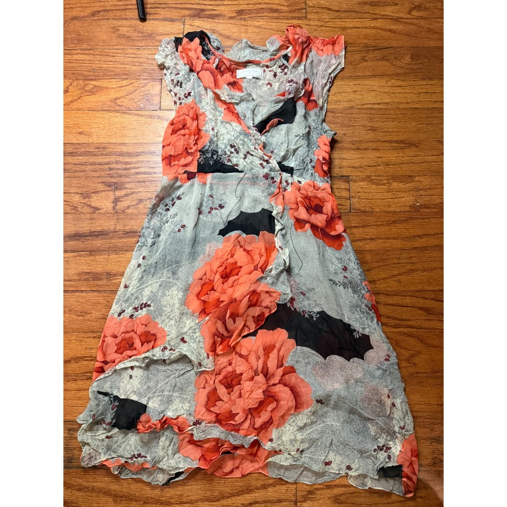 Moulinette Soeurs Anthropologie Silk‎ Floral Ruffle Wrap Dress Coral Grey Sz M